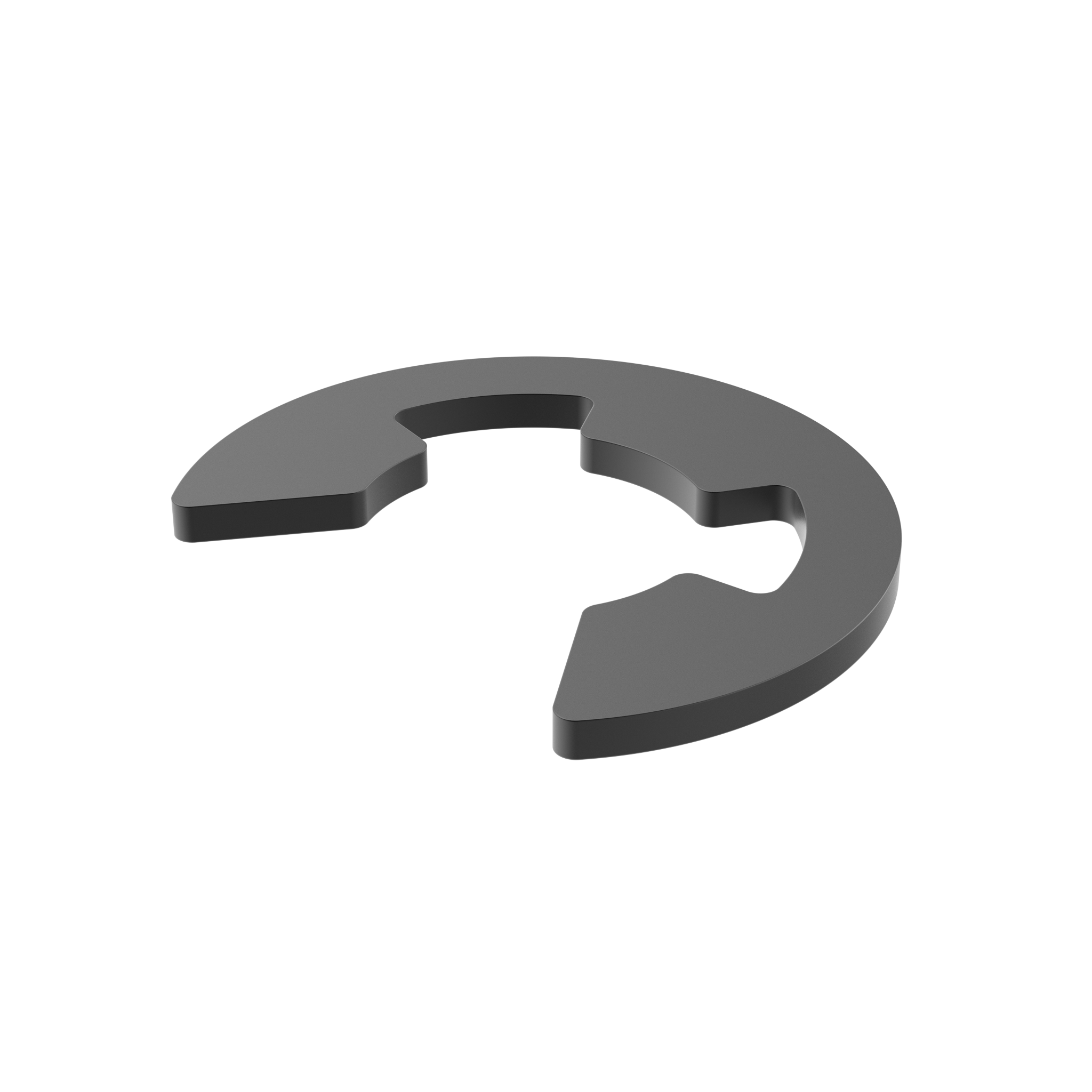 A dark gray semi-circular metal E-clip with an inner cut-out on a transparent background.