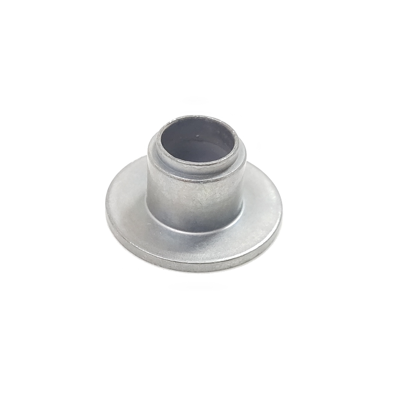 Silver cup-shaped metal component with a flat flange against a white background.