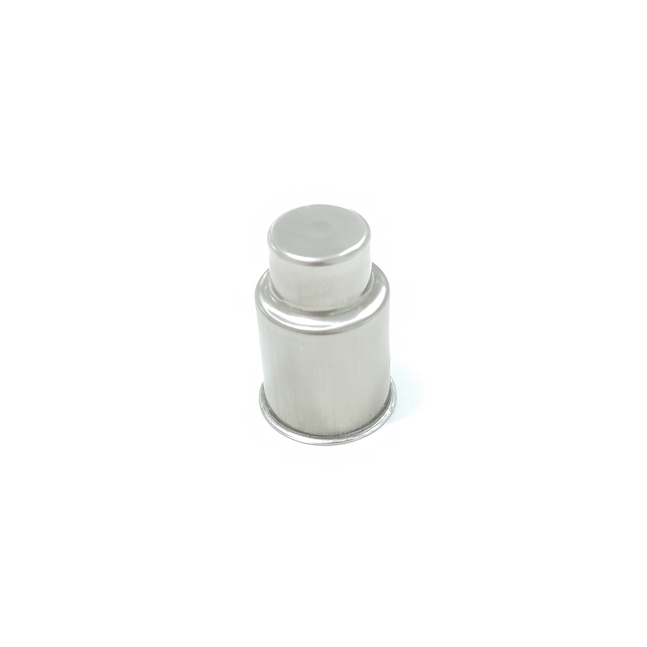 A cylindrical silver metal component with a stepped top on a transparent background.