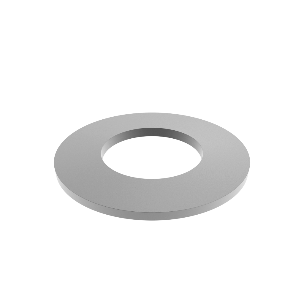 A flat stainless steel disc spring with a hole in the center.