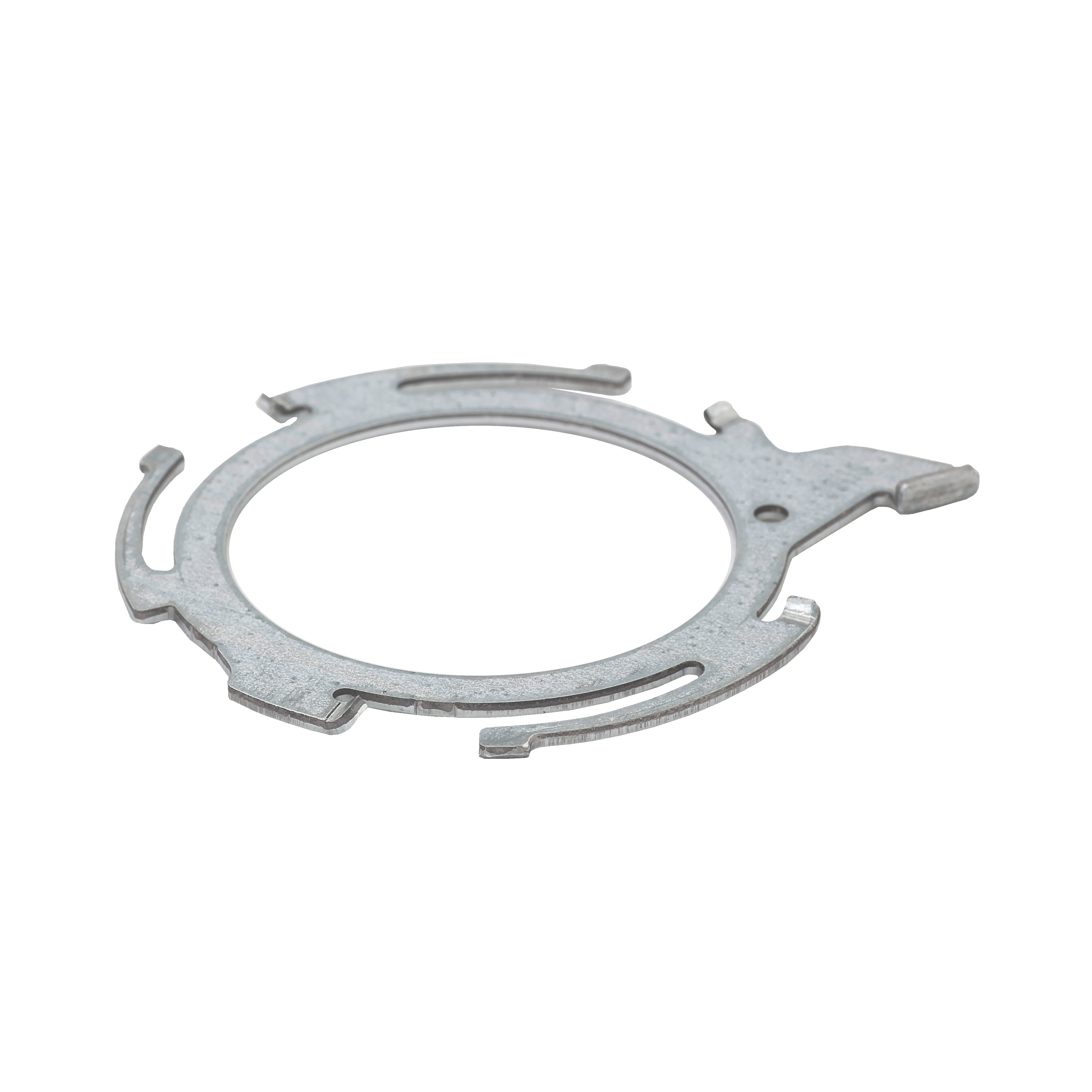 A flat, circular stamped metal ring with multiple tabs, slots, and cutouts on a white background.