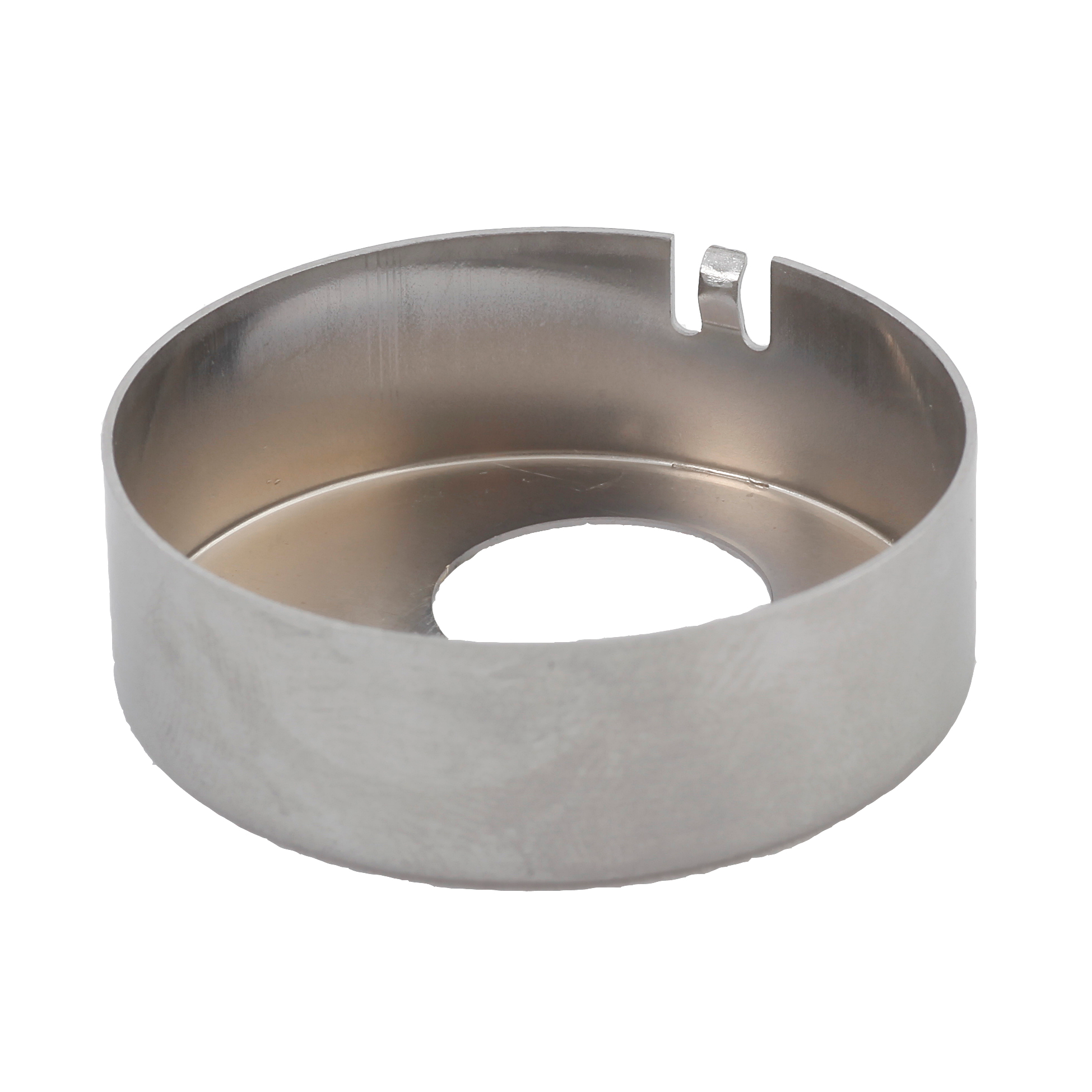A silver cylindrical metal stamped part with a small notch cut-out on the side and an inner flange that has an off-center hole, shown on a white background.