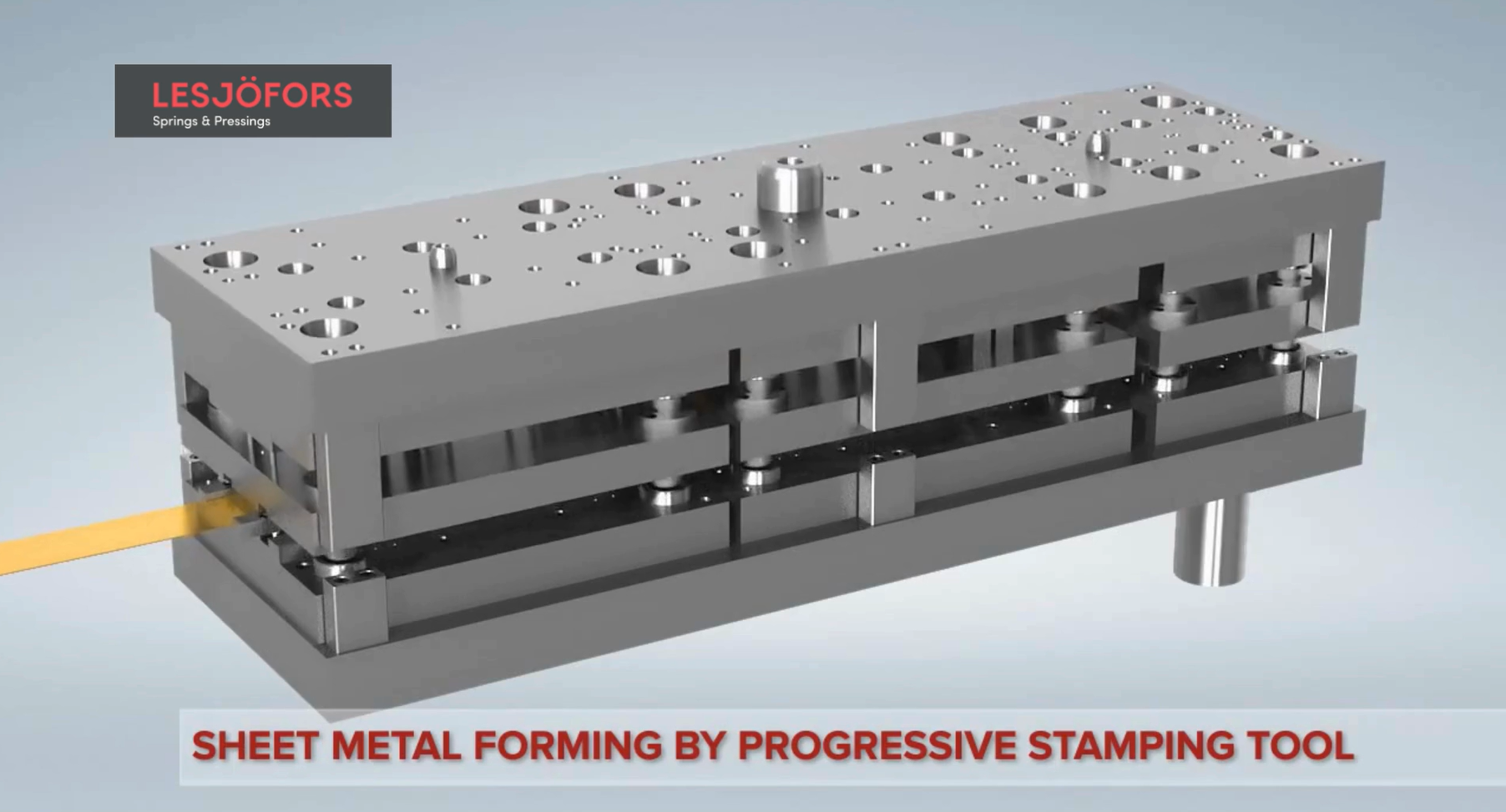A video of a 3D rendering of sheet metal forming by a progressive stamping tool.