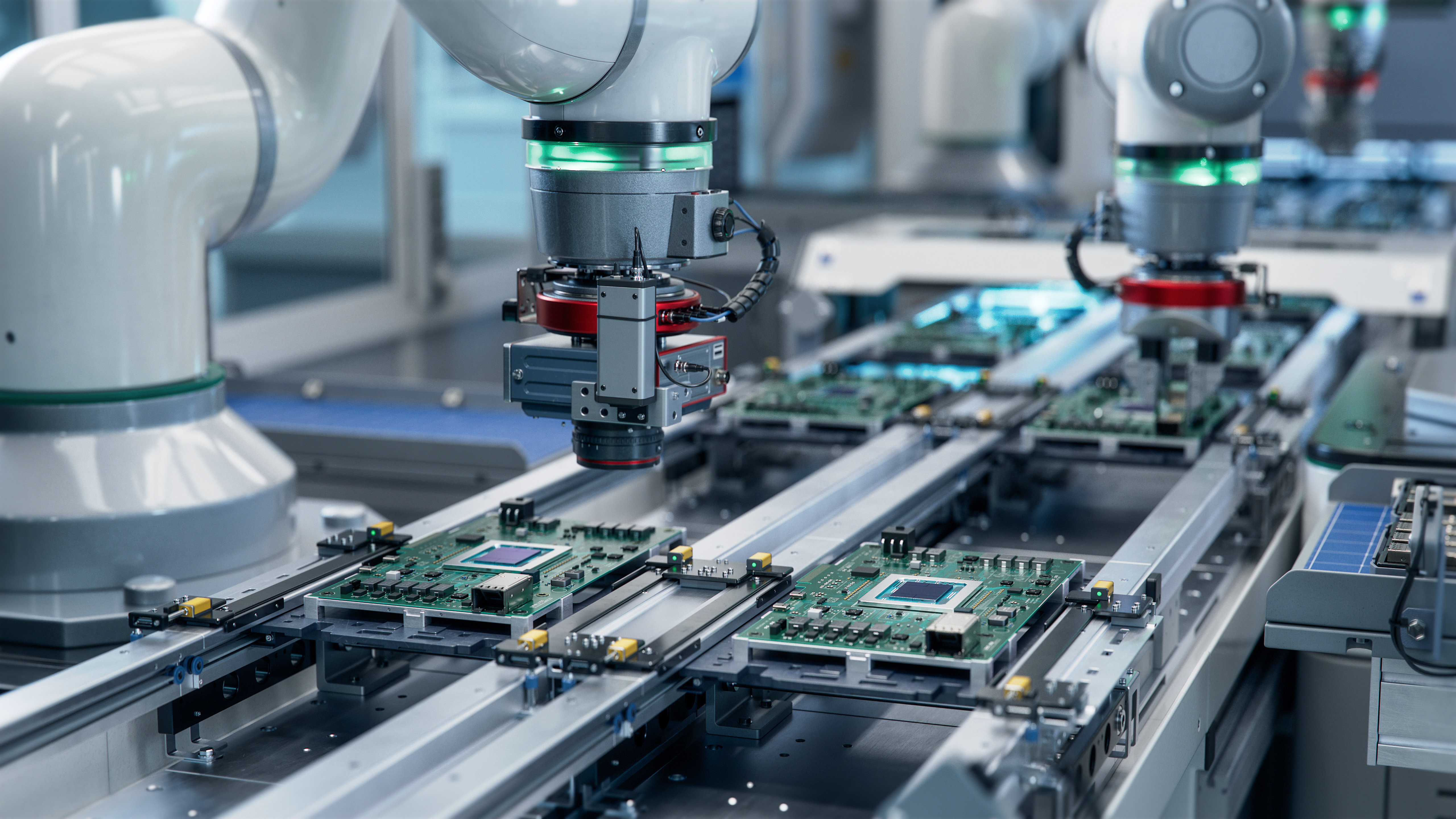 Robotic arms assembling electronic circuit boards on a conveyor belt.